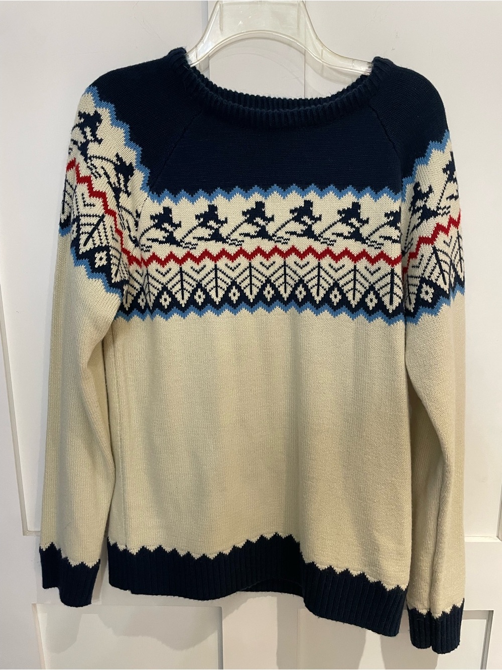 Men's Cream Fair Isle Sweater with Navy and Red Accents Medium
